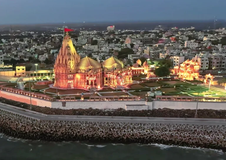 Somnath Jyotirlinga temple by the Arabian Sea at night